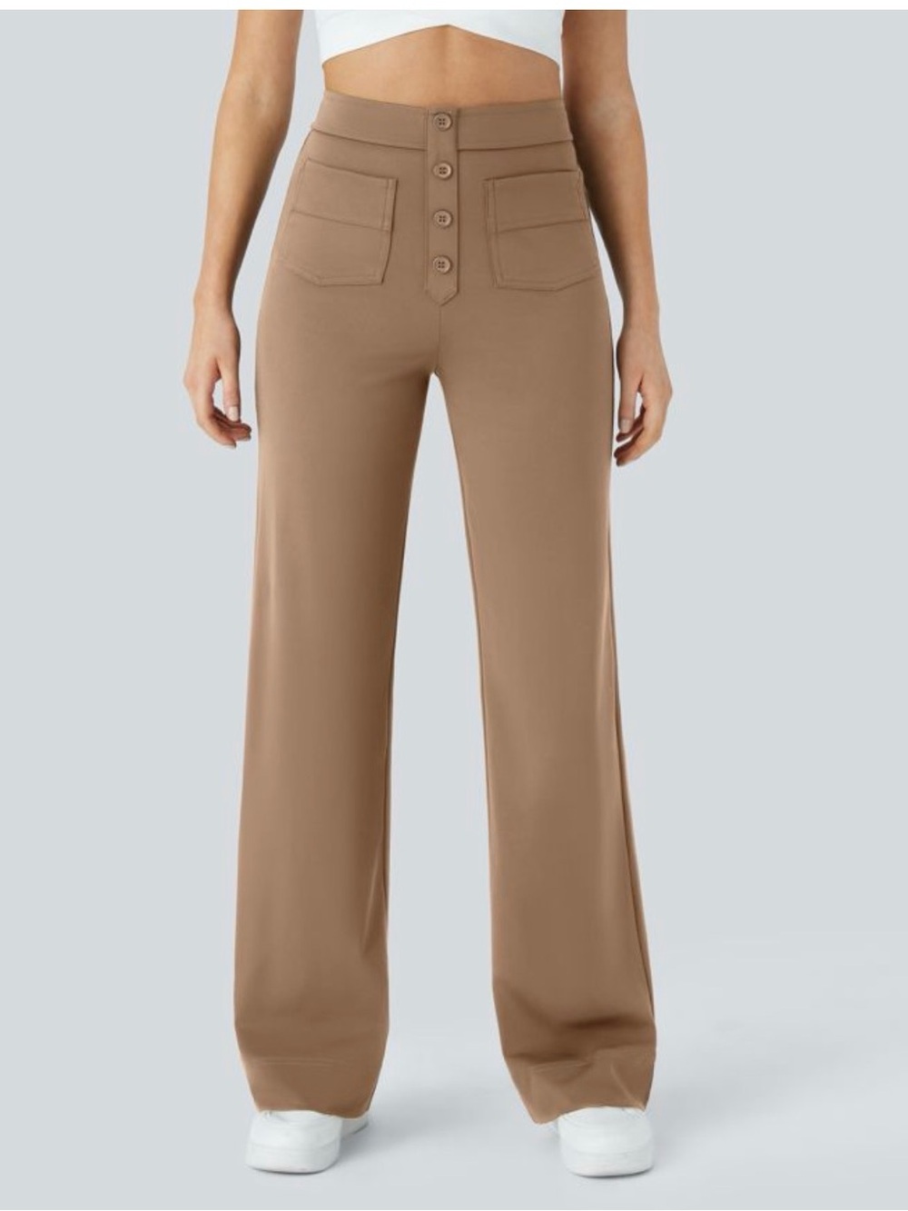 HALARA Day Stretch High-Waist Wide Leg Casual Pants with Button Front in Brown